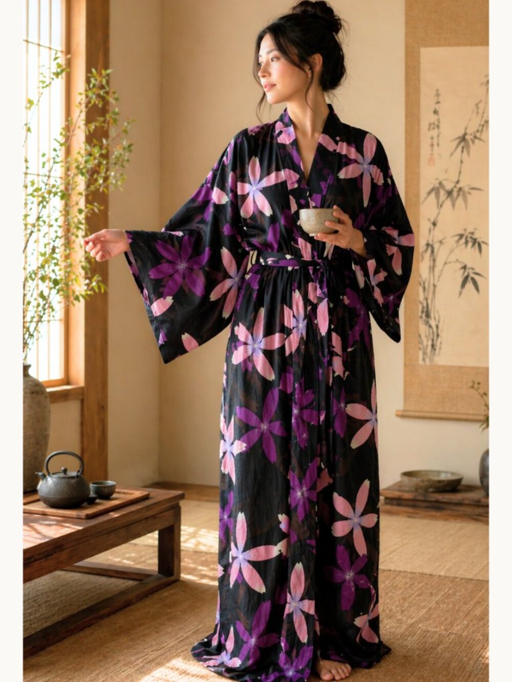 Japanese Floral Kimono Robe Black Pink Maxi Cotton Wrap L XL NWOT Loungewear